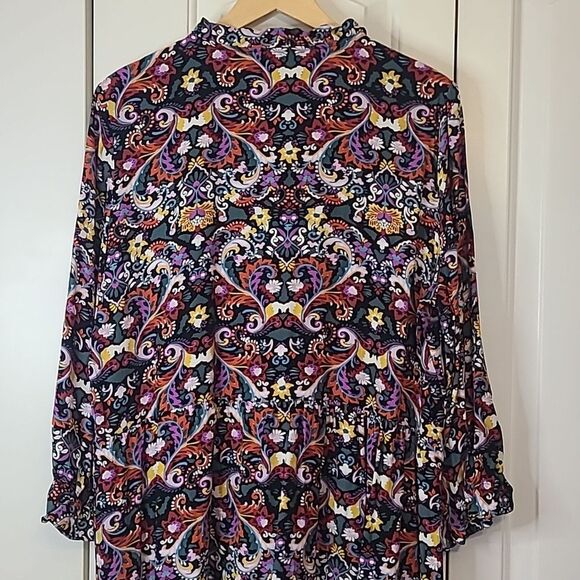 LOFT Floral Button Front Tiered Multicolor Floral Long Sleeve Dress Size XL - Picture 9 of 13